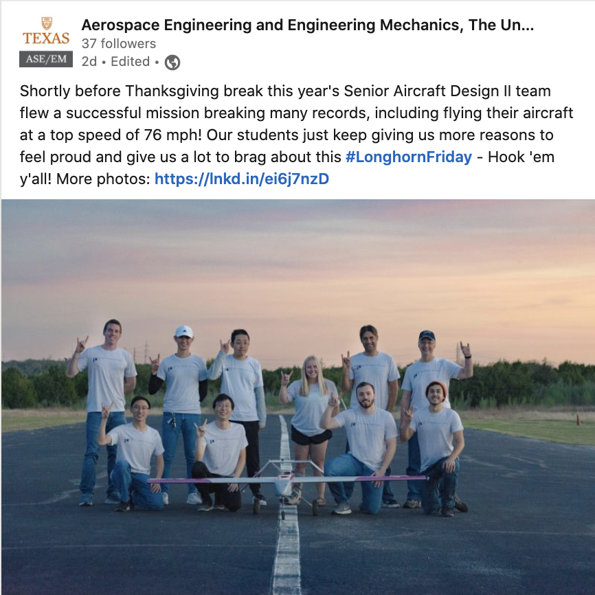screen shot of linkedin photo with senior aircraft design students and their airplane