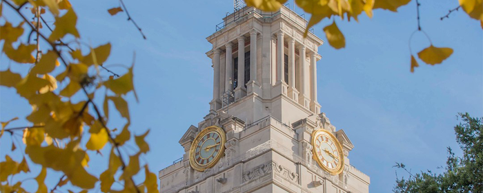 UT Tower Daytime with Fall Leaves