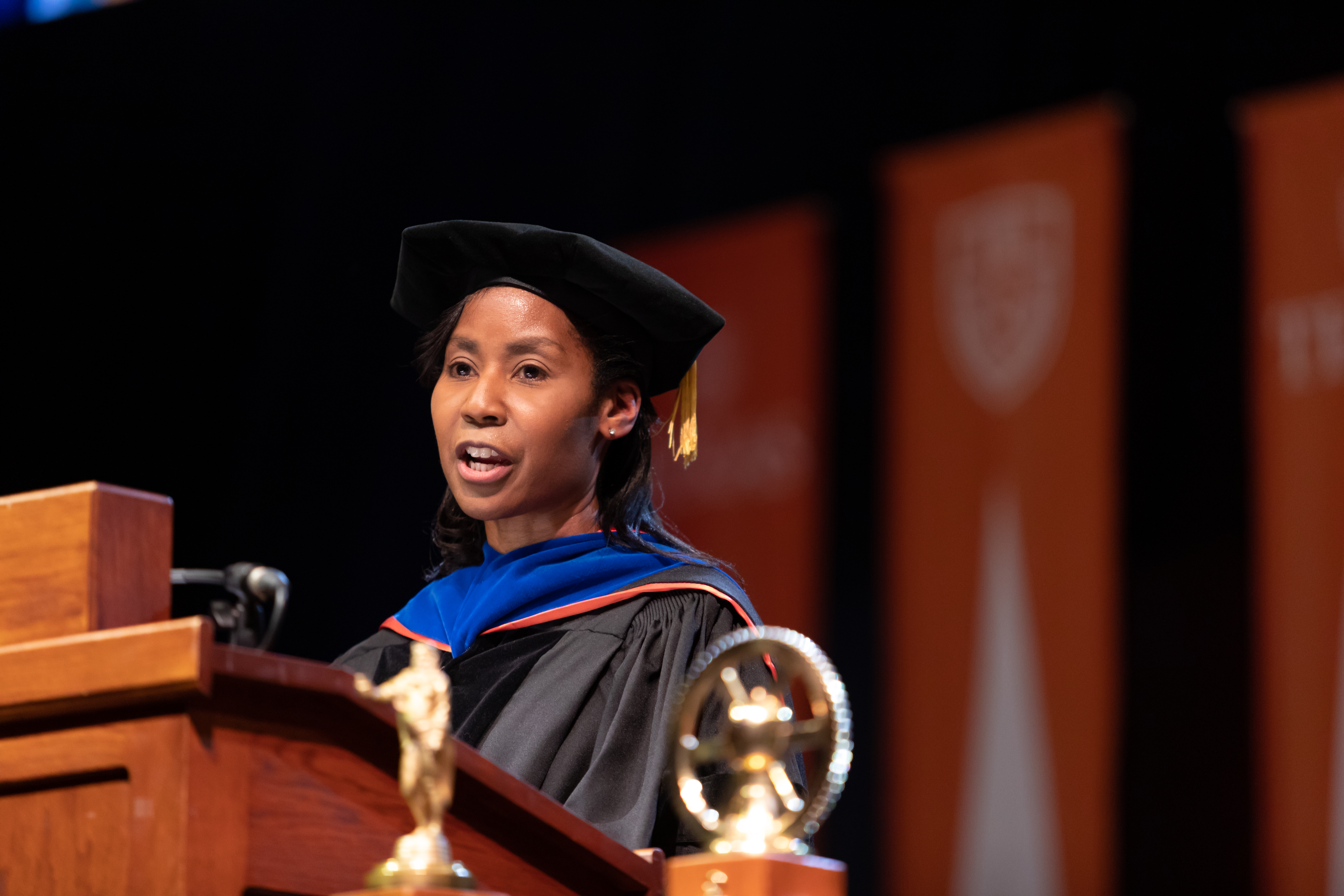 photo of Stephanie Wilson giving Cockrell commencement speech