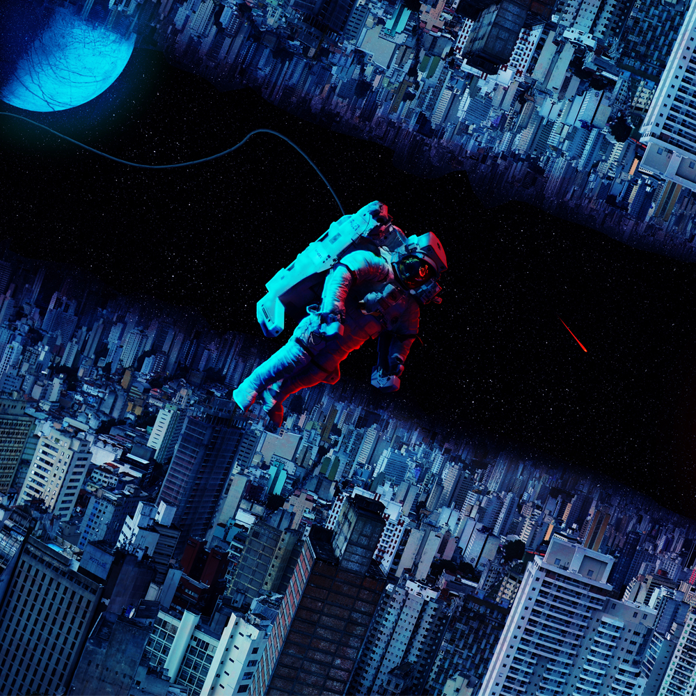 image of astronaut above city