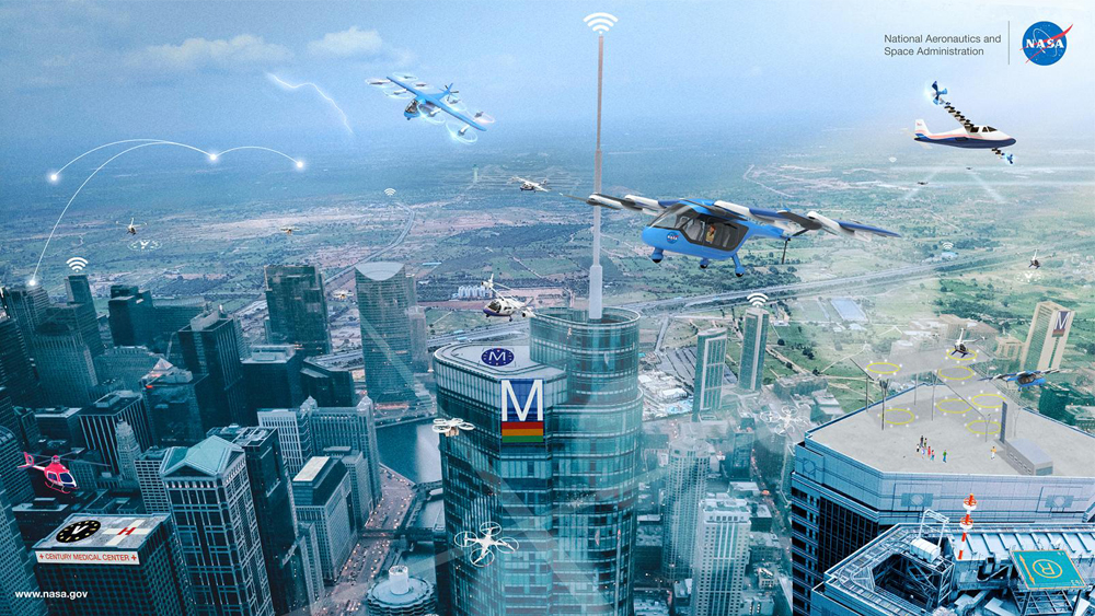 photo of future autonomous vehicles flying in an urban space